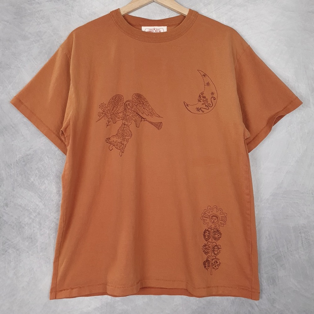 Samuel Zelig Shirt Mens XL Orange Rust Angel Moon Embroidered Tee Made USA